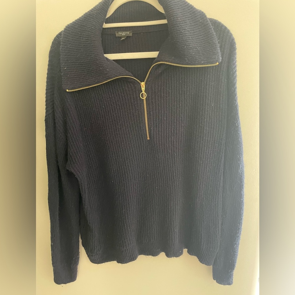 Talbots navy blue gold zipper sweater size XL petite